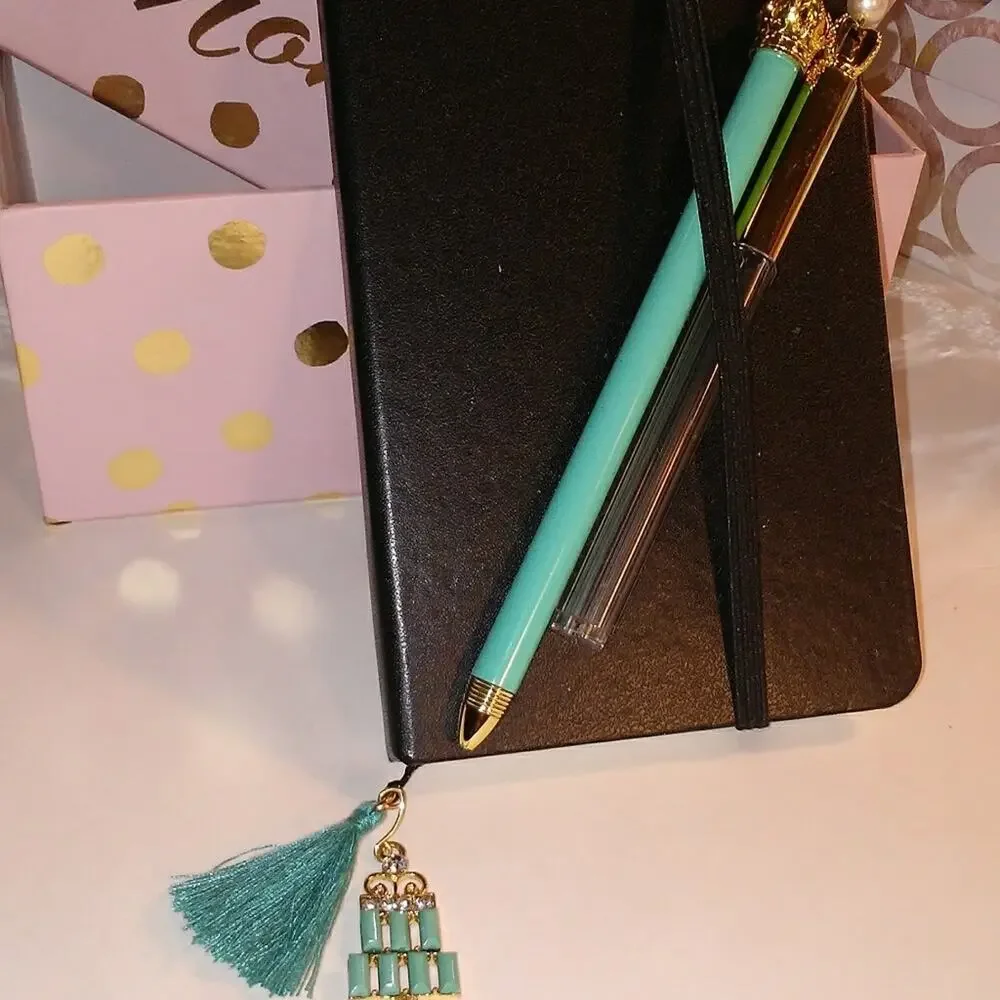 Journal Set Black‎ Hardcover Notebook Jeweled Bookmark Pencil Duo w GIFT BOX New